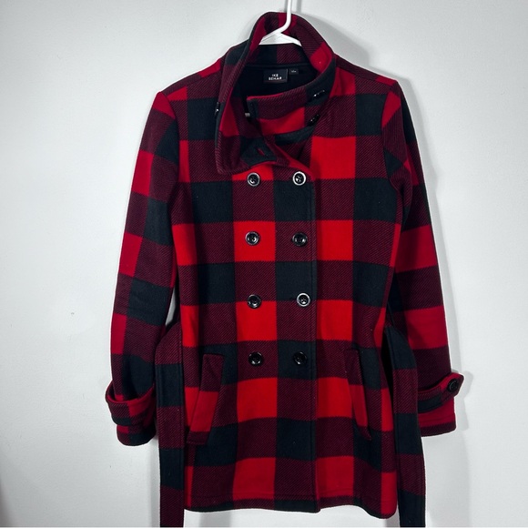 Ike Behar Red Buffalo Plaid Belted Button Up Pea Coat Size S - Picture 6 of 12